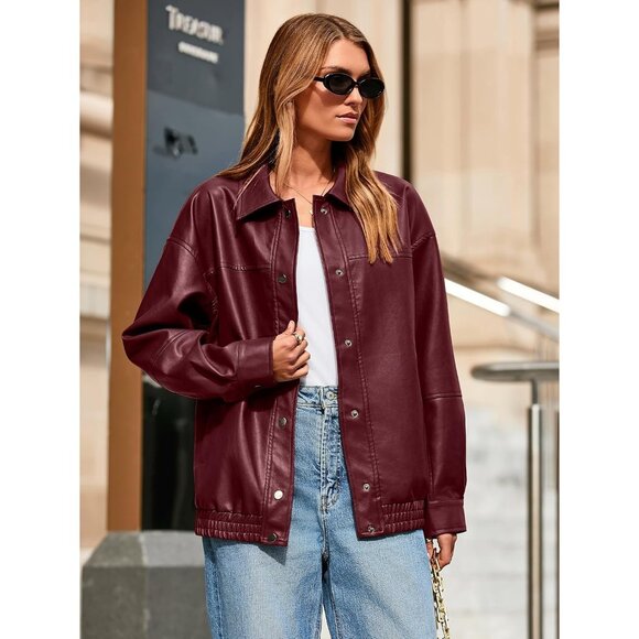 Womens Oversized Faux Leather Jacket Button Down Moto Bomber Winter Coat - Picture 2 of 6